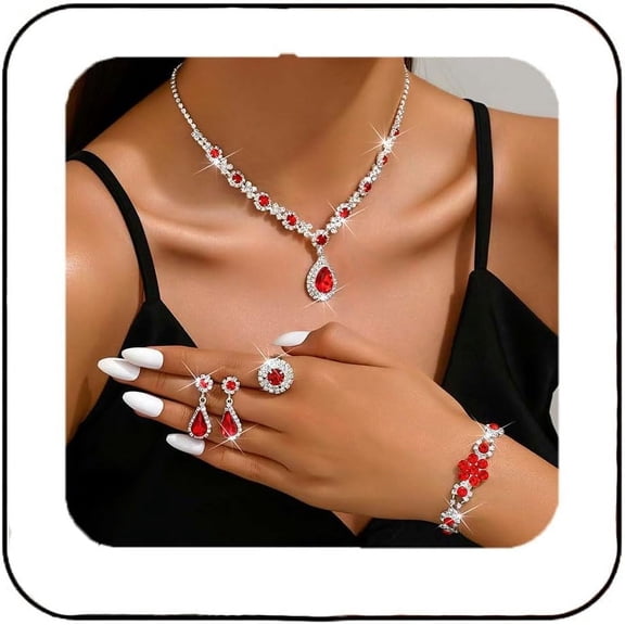 Crystal Bridal Wedding Jewelry Set Silver Rhinestone Necklace Earrings Bracelet Sets Formal Costume Jewelry for Women and Brides
