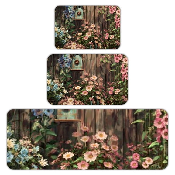 RKSupls Kitchen Rug Set 3 Piece Anti-Slip Flannel Floor Mats, Garden Birdhouse Flowers Washable Absorbent Runner Mats for Kitchen Bathroom Home Decor