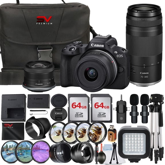 Canon EOS R50 Mirrorless Camera with RF-S 18-45mm   75-300mm Lens   2 Pack 64GB Memory Card   Case   Wide Angle   SV Premium Accessory Bundle (International Version)