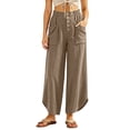 thumbnail image 2 of Oiangi Women's Wide Leg Pants Elastic Waist Curved Hem Ankle Pant Fall Casual Ruched Travel Trousers with Pockets Khaki 2XL, 2 of 6