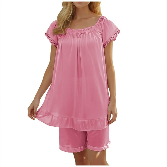 WRKEKC Silk Pajamas for Women Summer Short Sleeve Short Pant Sleepwear Set for Women Ice Silk Minimalist Loungewear Home Outfit