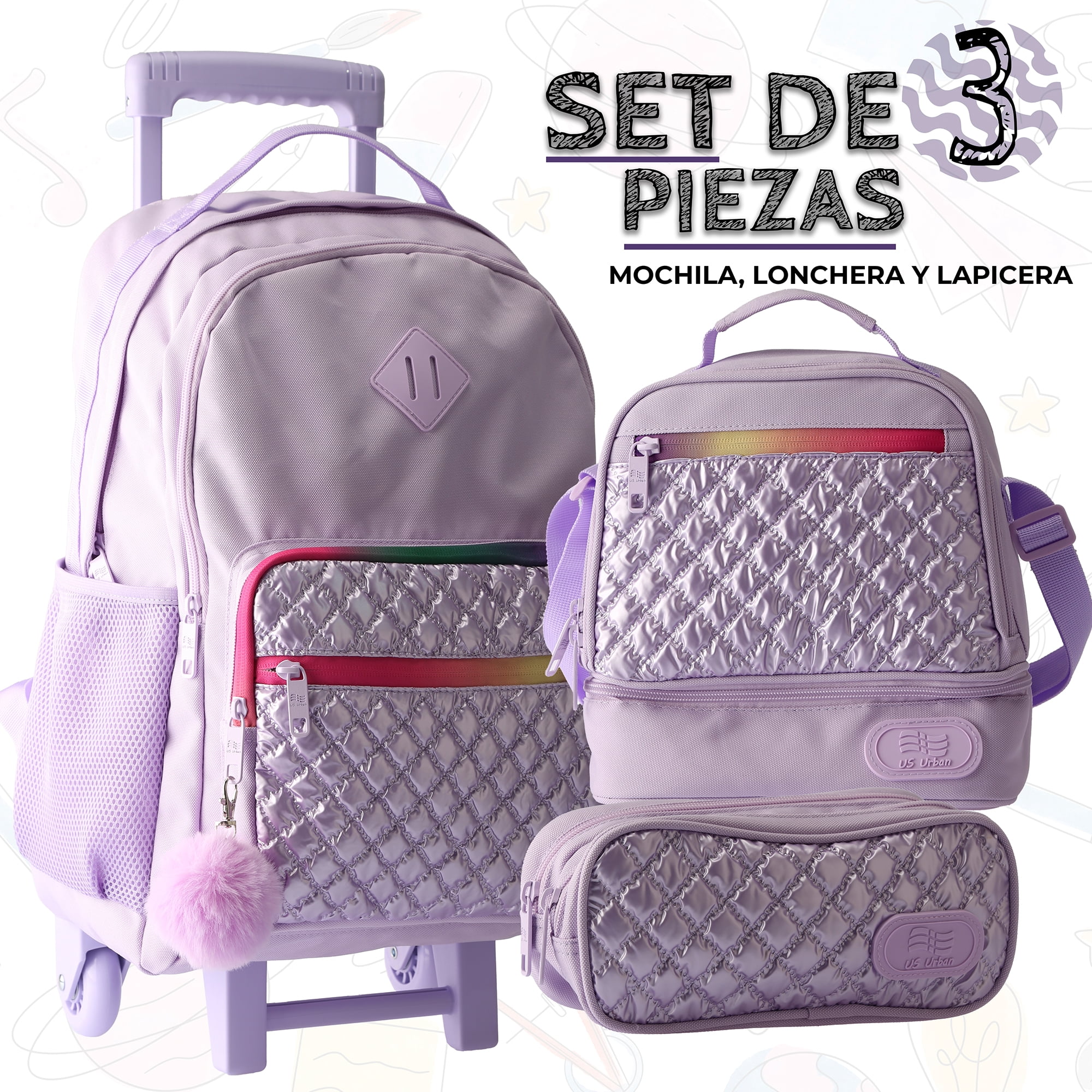 US Urban Juego Escolar Mochila con Carrito Lonchera y Estuche para