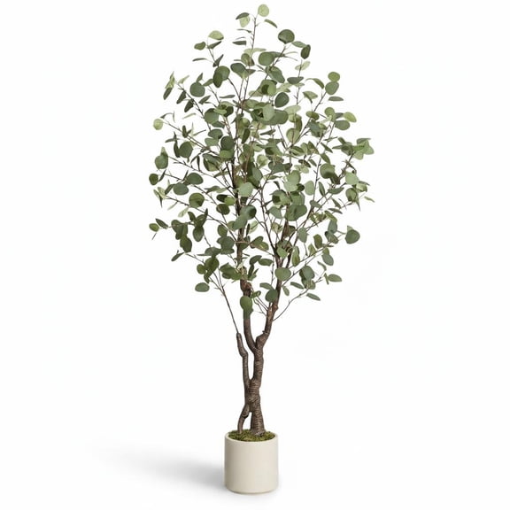 Lifelike Artificial Eucalyptus Tree 5FT Tall - Faux Indoor Plant with White Planter - Large Realistic Silk Decorative Green Floor Plant for Home, Living Room, Office - Indoor Decoration (5FT)
