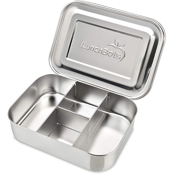 LunchBots Small Protein Packer Toddler Bento Box - Extra Small Divided Stainless Steel Snack Container - 4 Sections for 1-2oz of Nuts, Meat, Cheese, Finger Foods - Dishwasher Safe - Stainless Lid