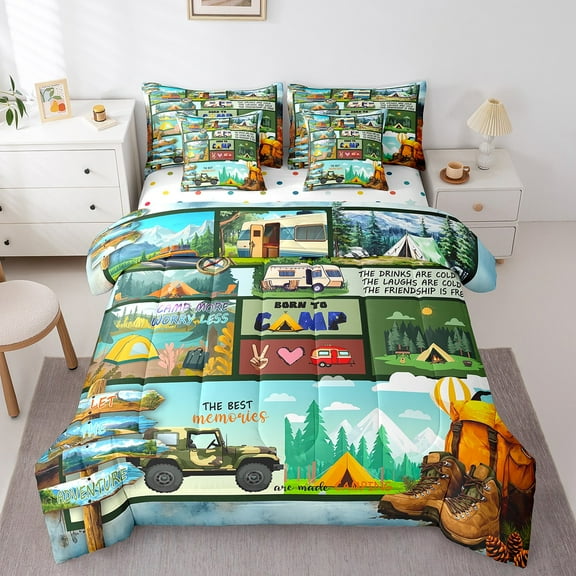 Erosebridal Rustic Camping Bedding Sets Twin Size, Jungle Adventure Comforter Sets with Sheets, RV Truck Reversible Bedding Twin Size, Lightweight Bedroom Decor, 7pcs