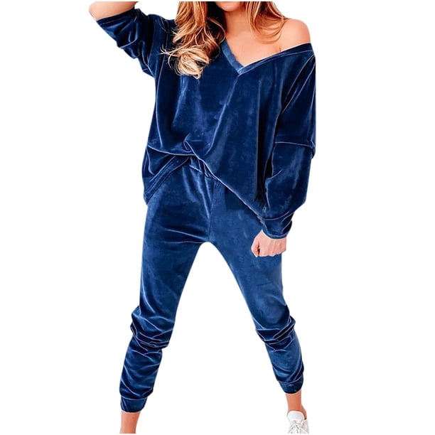 Conjunto de dos piezas para mujer, suave, liso, manga larga, cuello en V, Otoño Invierno, VelvetTops, pantalones largos de cintura alta, pantalones, traje informal Fridja hfkajh100749