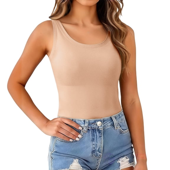 Sillenn Women's Seamless Tank Tops with Built In Bra Scoop Neck Camisole Stretchy Layering Top Sleeveless Casual Undershirt Tunic Length Tank Tops Strappy Tank Tops Sleeveless Casual Shirts Beige L