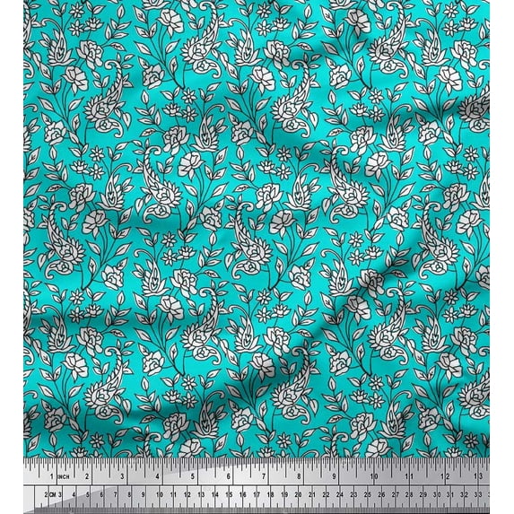 Soimoi Silk Fabric Leaves,Floral & Paisley Block Print Sewing Fabric Yard 42 Inch Wide