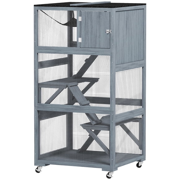 Grey Fir Wood Outdoor Cat Enclosure with Hammock & Ramps - 66" Catio for Patio/Yard, Holds 1-3 Cats, Easy Mobility with Wheels