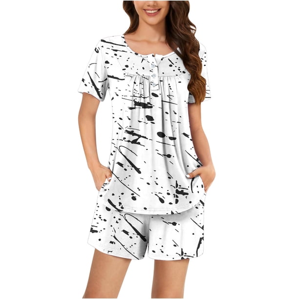 Conjunto de Ropa de Salón de las Mujeres Impreso Cuello Redondo Manga Corta Superior Y Pantalones, Ropa de Casa Suave Dos Piezas