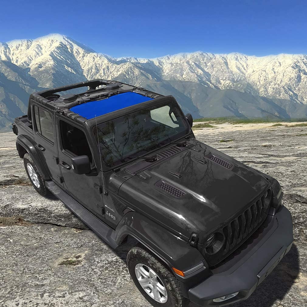Shadeidea Jeep Wrangler Sunshade JL Unlimited (2018-Current) 2 Door and 4 Door Front-Blue Mesh Screen Sunshade JLU SAHARA RUBICON SPORT S Top Cover UV Blocker with Grab Bag-10 years Warranty