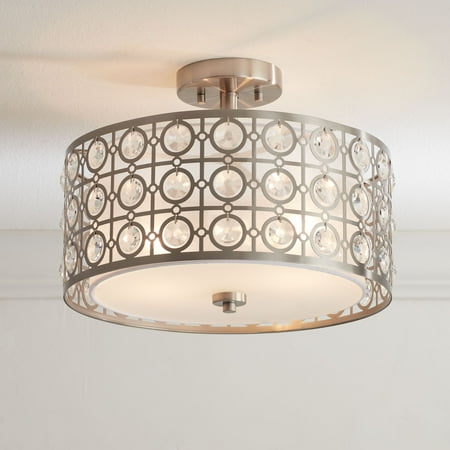 

Possini Euro Design Saira Modern Ceiling Light Semi Flush Mount Fixture 16 Wide Brushed Nickel Crystal Organza Drum Shade for Bedroom Kitchen Hallway