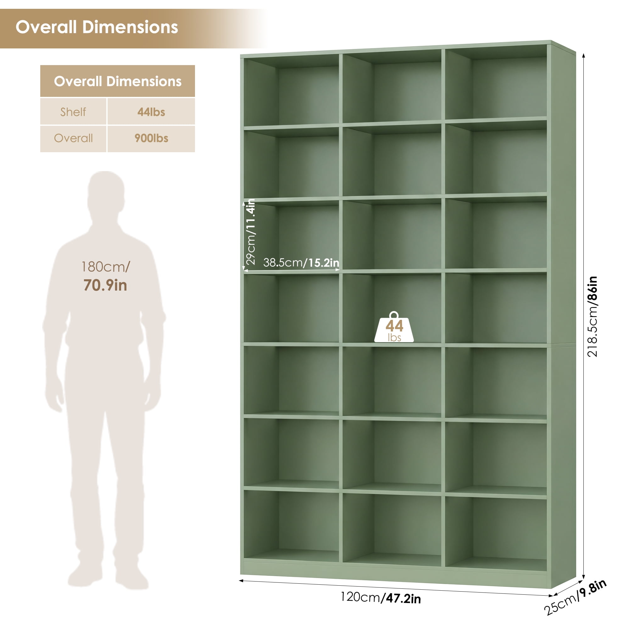Hiphuta 21-Cube Bookcase, 86"H Tall Wooden Bookshelves for Bedroom, Living Room and Office, Freestanding Display Shelves Cube Organizer, Green