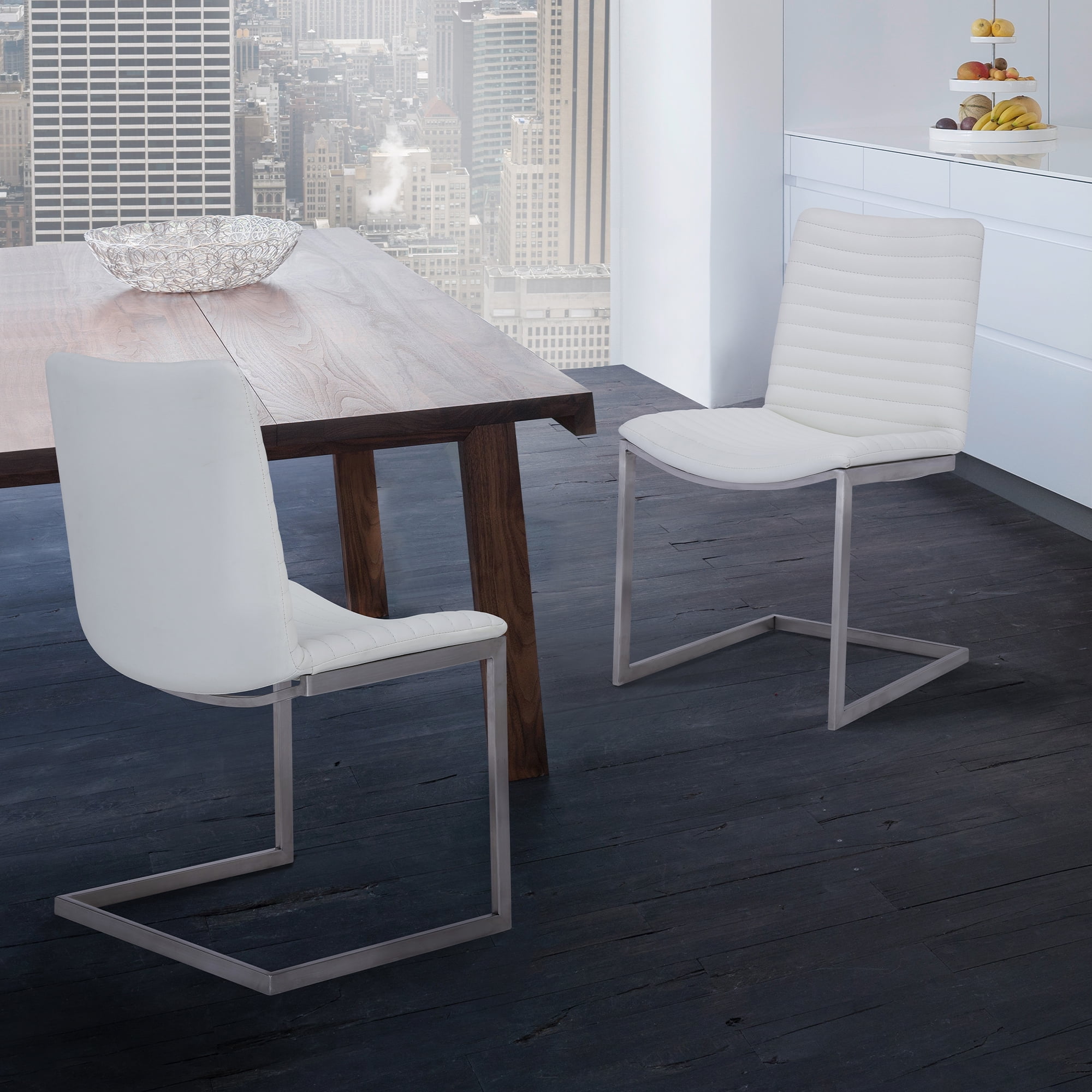 Abril Contemporary Dining Chair in Brushed Stainless Steel Finish and White Faux Leather Set