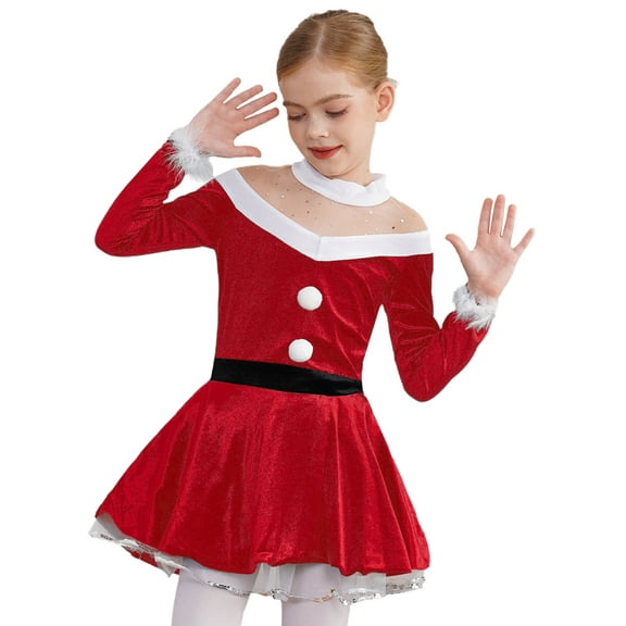 iiniim Girls Long Sleeve Halter Sequins Christmas Dress Velvet Festive Party Role Play Dancewear A Red 4
