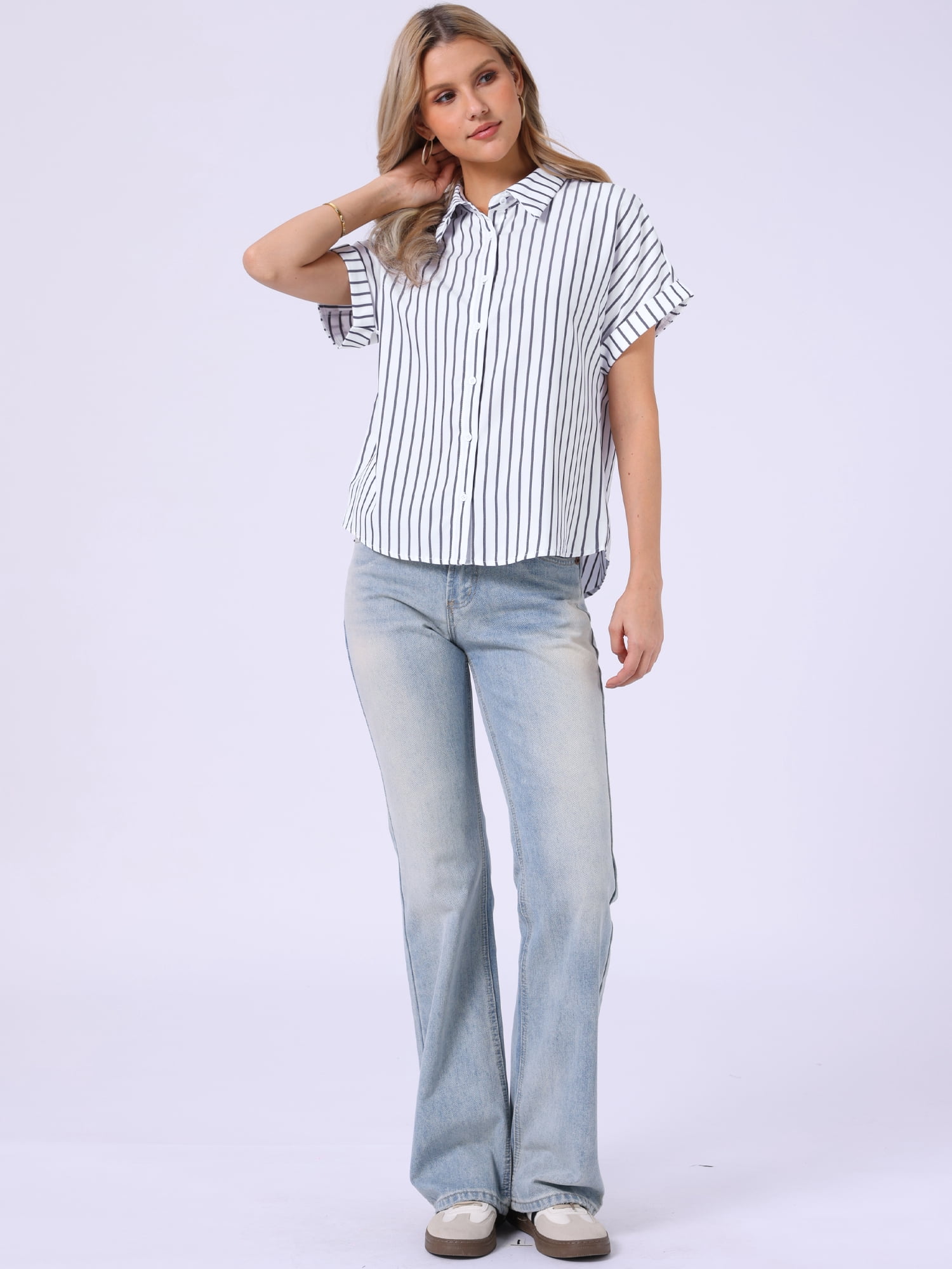 DARING DIVA Women's Short Sleeve Button Down Striped Shirt for Casual Wear XS White