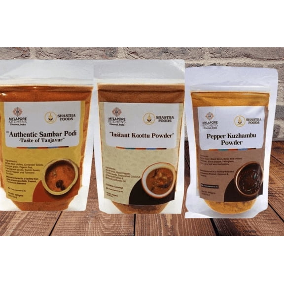 Shastha Foods Mylapore Kitchen Mix Combo I - Sambar Podi, Milagu Kuzhambu Podi, Panakam Mix, and Kootu Powder, pack of 4