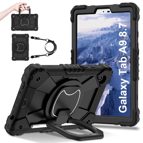 Xyhop Rugged Hybrid Case for Samsung Galaxy Tab A9 8.7 inch 2023, 360 Degree Stand Shoulder Strap Protector