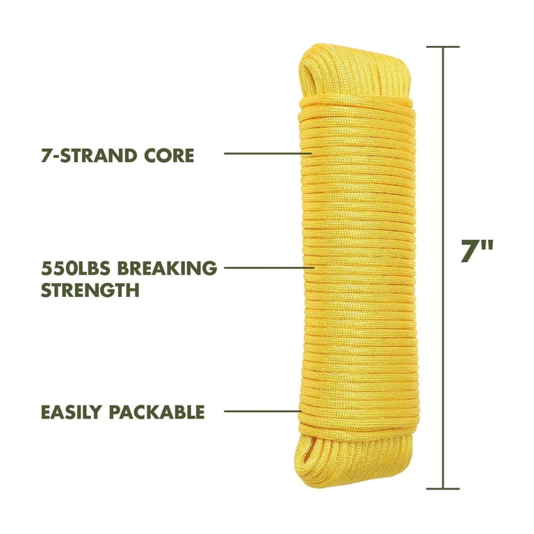 100ft Type III 550 Paracord - 7-Strand Core, Yellow (4mm Diameter)