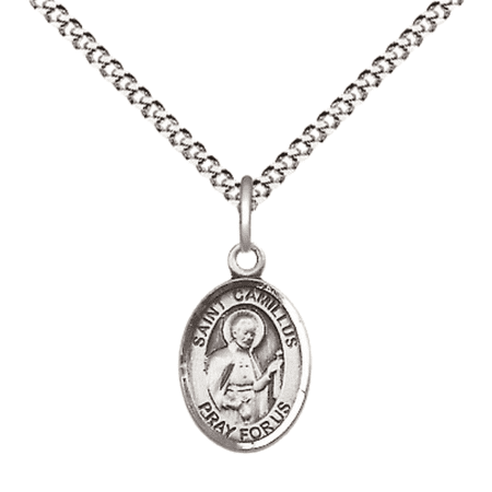 Pewter Saint Camillus of Lellis Medal Pendant on 18 Inch Rhodium Plated Lite Curb Brass Chain with Lobster Claw Clasp, Catholic Religious Necklace - Made in USA- Velvet Gift Box