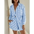 thumbnail image 2 of Womens Striped 2 Piece Outfits Button Down Shirts and Shorts Lounge Matching Sets Light Blue L, 2 of 5