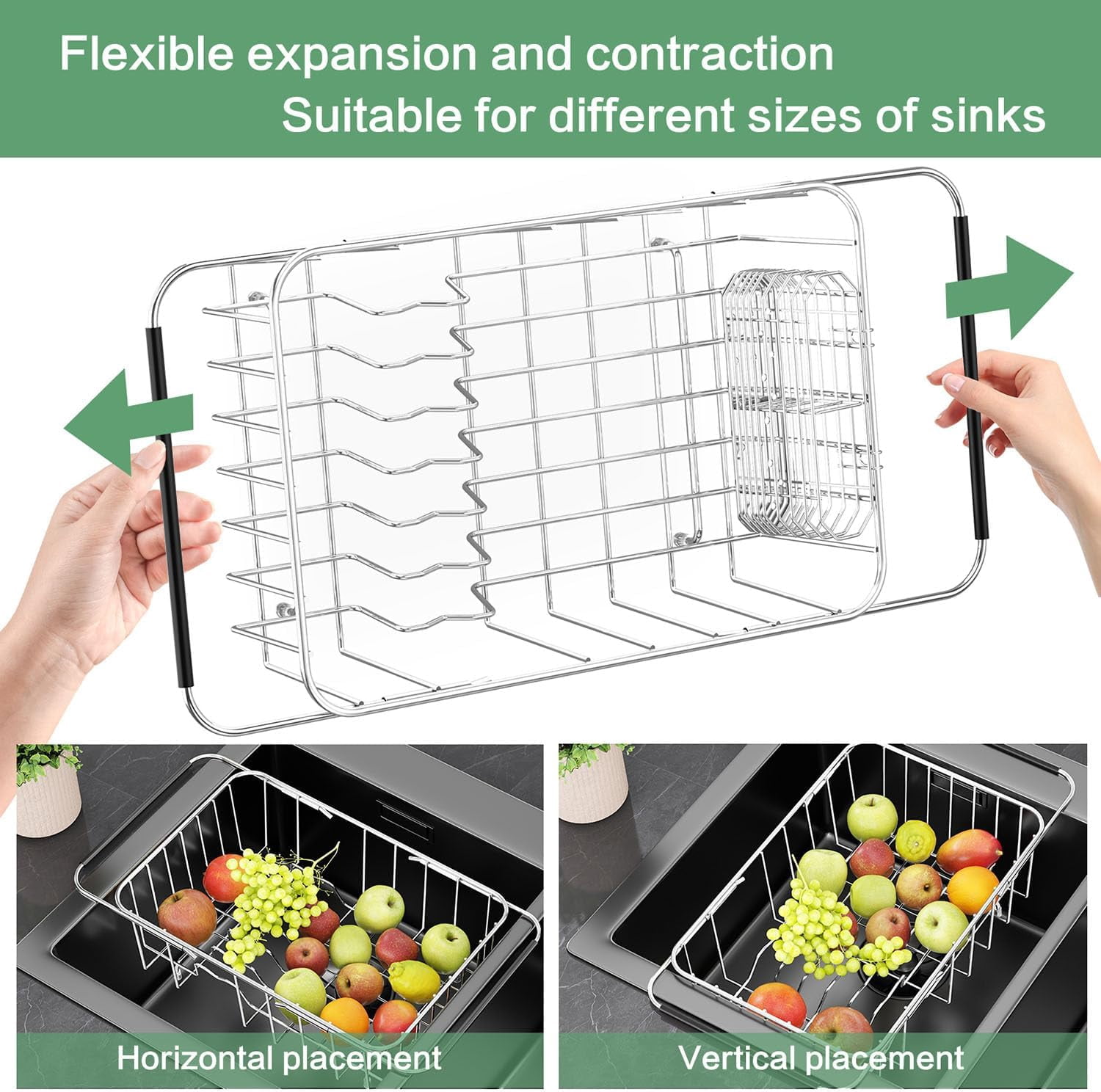 Small Dish Drainer Rack in Sink Adjustable, Expandable Stainless Steel Metal Dish Drying Rack Organizer with Stainless Steel Utensil Holder Over Inside Sink Counter, Rustproof(for 1-2 People)
