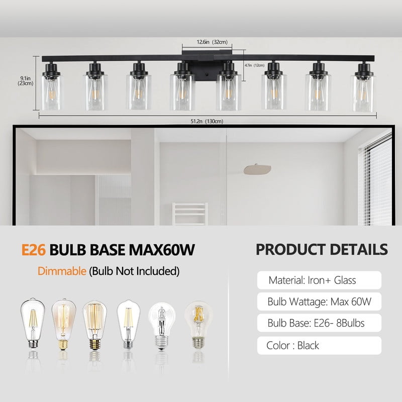 51" Black 8-Light Vanity Light with Clear Glass Shades, Modern Iron Metal Bathroom Wall Fixture for Mirror, Ideal for Bathroom and Dressing Table (No Bulbs)