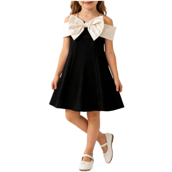 Girls Off Shoulder A-Line Bow Dress Party Formal Stretchy Dress for Girls Ages 3-8 Years Black,Size 5-6 T