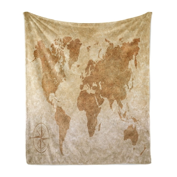 Catography Soft Flannel Fleece Throw Blanket, Vintage World Map in Earth Tones with Continents and Compass, Cozy Plush for Indoor and Outdoor Use, 70" x 90", Pale Caramel and Tan, by Ambesonne