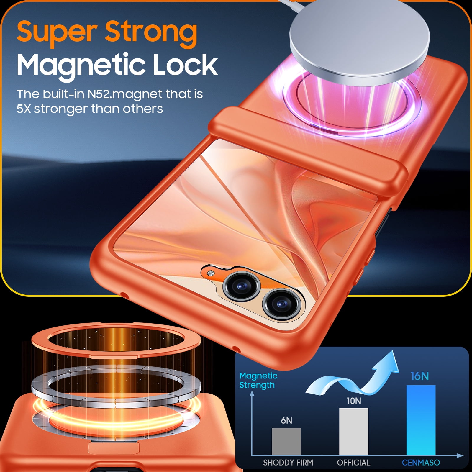 Oupeigar For Motorola Razr 2026/2025/2024 Phone Case,Built-in Screen Protector,Magnetic Ring Stand,Ultra-Thin Full-Body Shockproof Rugged Case-Orange