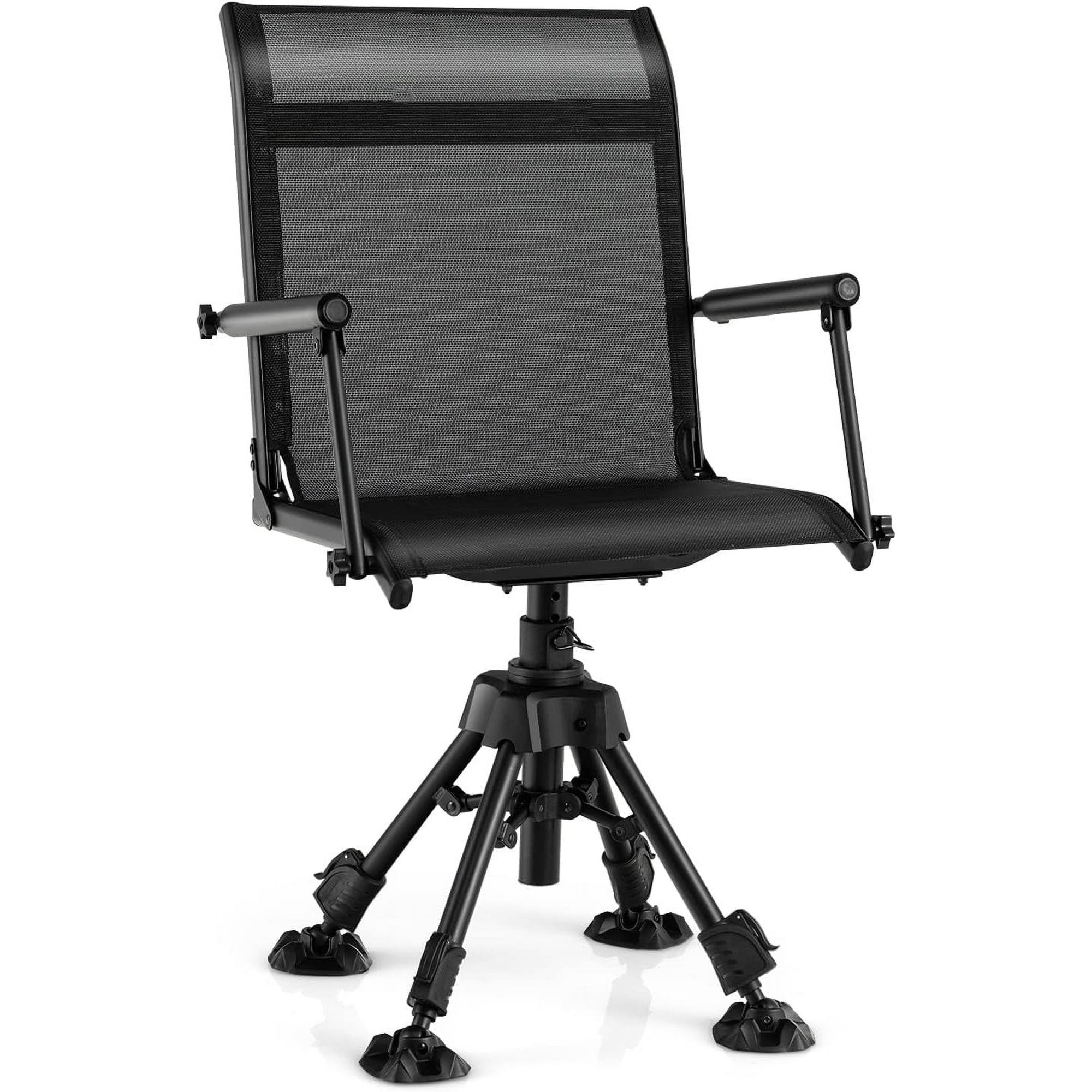 360° Swivel Hunting Chair with Telescopic Legs Folding Silent Blind Seat Alloy Steel Frame Mesh Backrest Ergonomic Armrests 21.5 x 21.5 x 33.5-42 Capacity 330 lbs Black