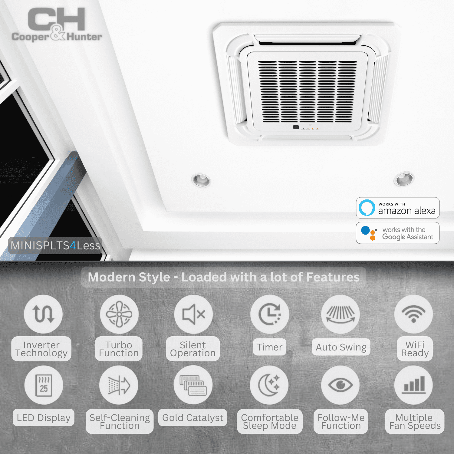 Cooper & Hunter 28000 BTU 230V Ceiling Cassette Tri 3 Zone Mini Split Heat Pump Air Conditioner 9K+9K+9K Cover 1200 Sq Ft