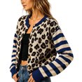 thumbnail image 3 of Women's Striped Leopard Print Button Down Long Sleeve Knitted Cardigan Sweaters (Navy S), 3 of 4