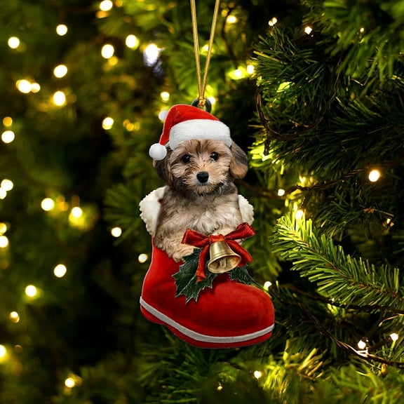 Acrylic 2D FLAT Yorkie Poo In Santa Boot Christmas Hanging Ornament