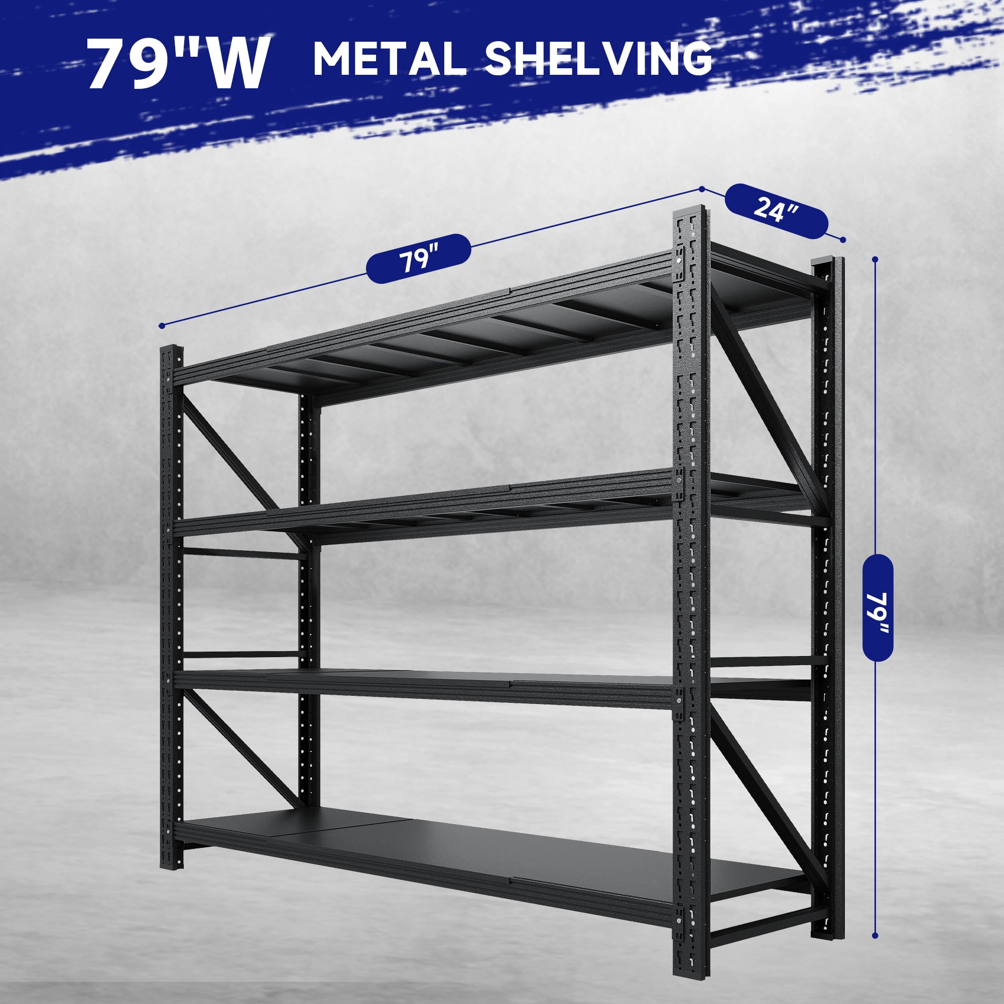 AUHUP 4-Tier Garage Storage Shelves 7000LBS Heavy Duty Metal Shelving 79" W Shelving Unit for Warehouse,Basement Industrial,Commercial Utility Rack Shelf, Black, 79"H x 79"W x 24"D