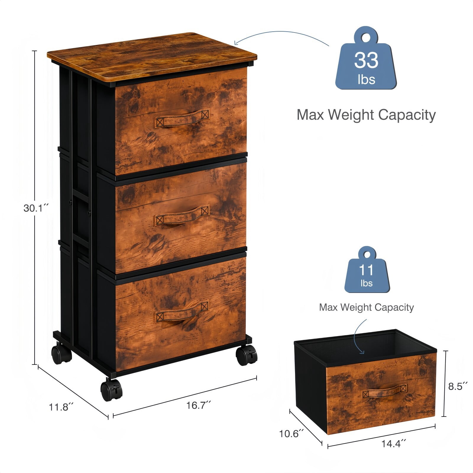 Kelno 3 Drawers Rolling Fabric Dresser Mobile Nightstand Storage Cabinet with Wheels, Rustic Brown