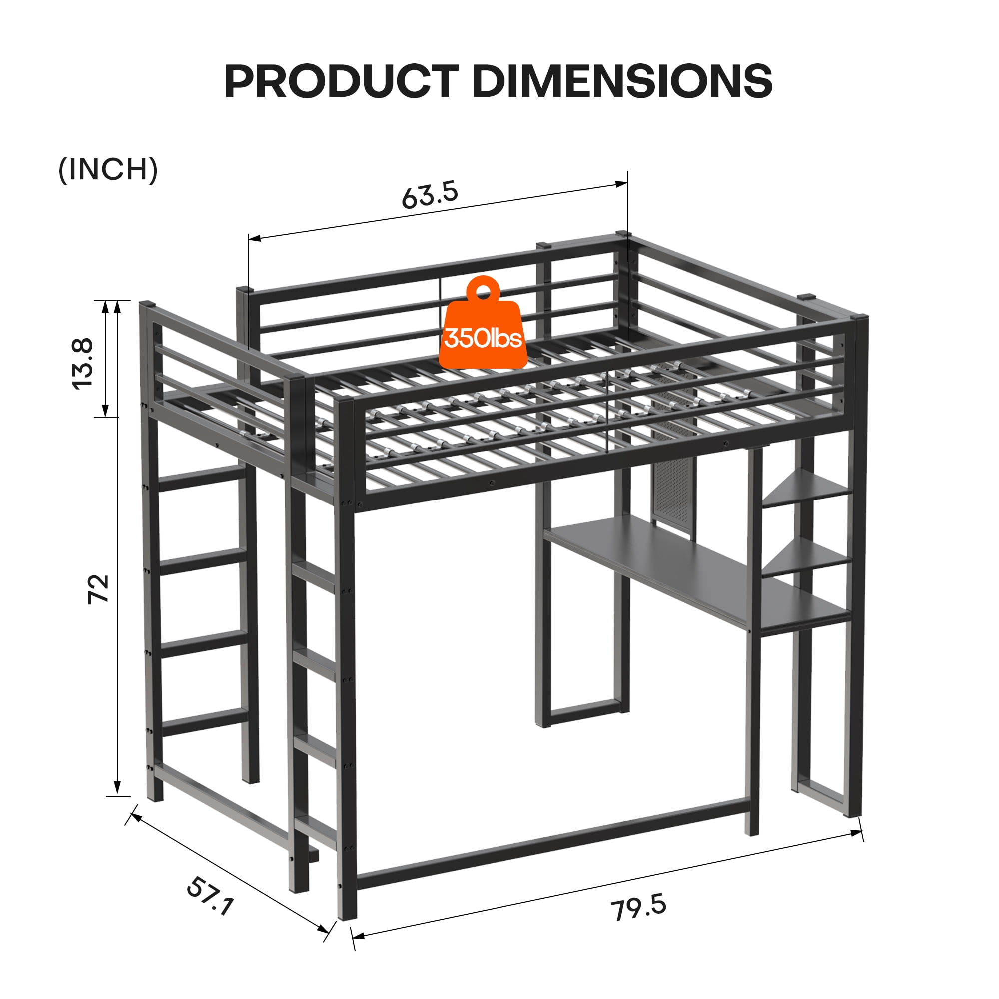 Alvantor Full Size Loft Bed Frame with Desk & Open Shelves, Heavy Duty Metal Bed Frame for Boys Girls Teens Black