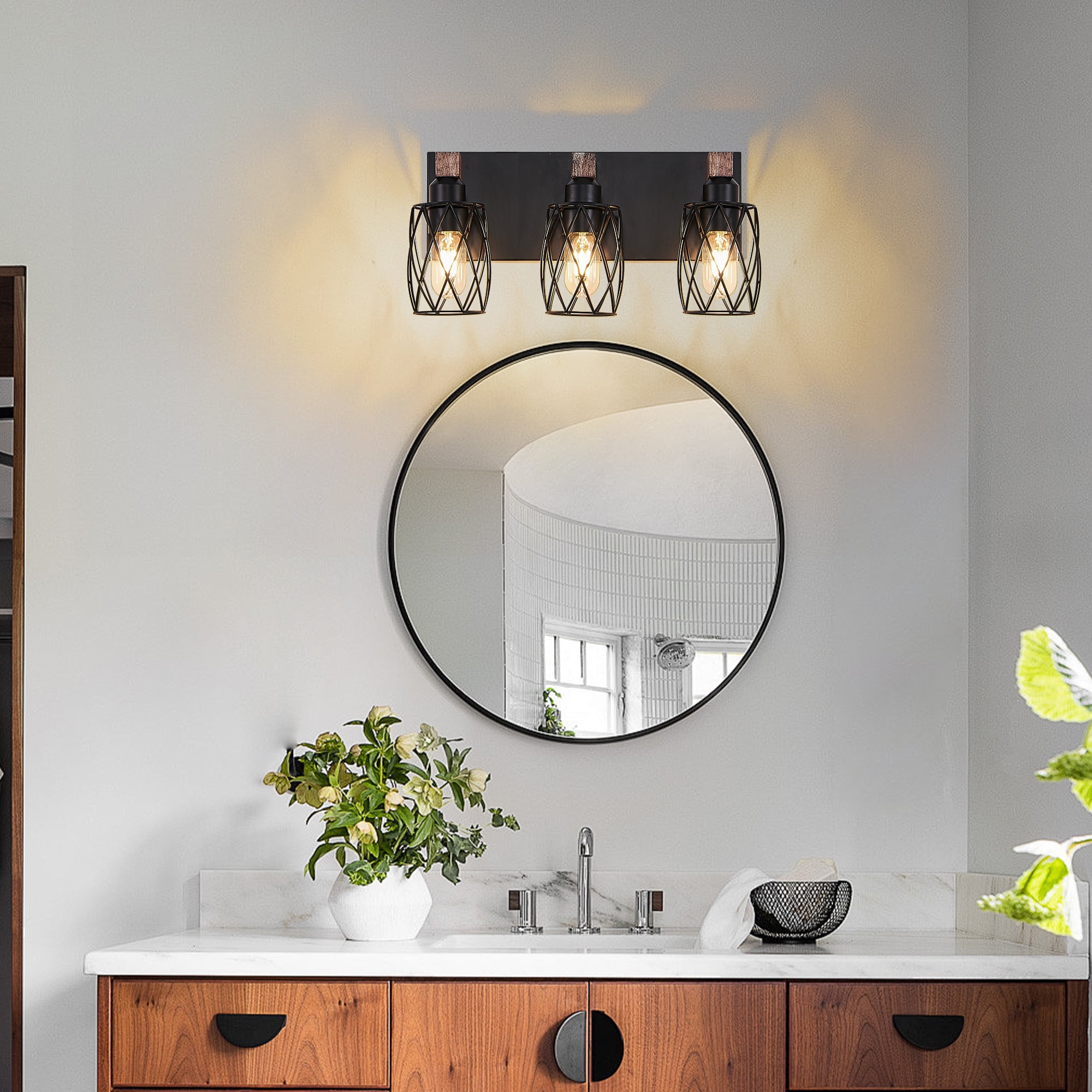 Miniyam 17.5 in. W 3 Lights Vanity Light Industrial Walnut Black Wall Sconce Black Cage Lighting Fixture for Bathroom Over Mirror, E26, No Bulbs Included