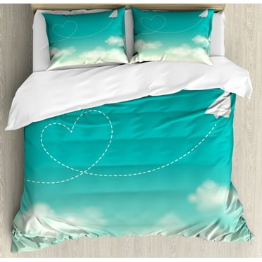 Cloud King Size Duvet Cover Set, Paper Plane with a Heart Flight Path Floating over the Clouds Romantic, Decorative 3 Piece Bedding Set with 2 Pillow Shams, Pale Sea Green Mint Green, by Ambesonne