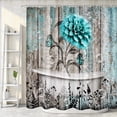 thumbnail image 4 of Rustic Teal Flower Shower Curtain for Bathroom, Farmhouse Dahlia Floral Butterfly on Country Old Wooden Plank Bathtubs Curtains, Retro Turquoise Blue Grey Restroom Decor Accessories with Hooks,72X72in, 4 of 5