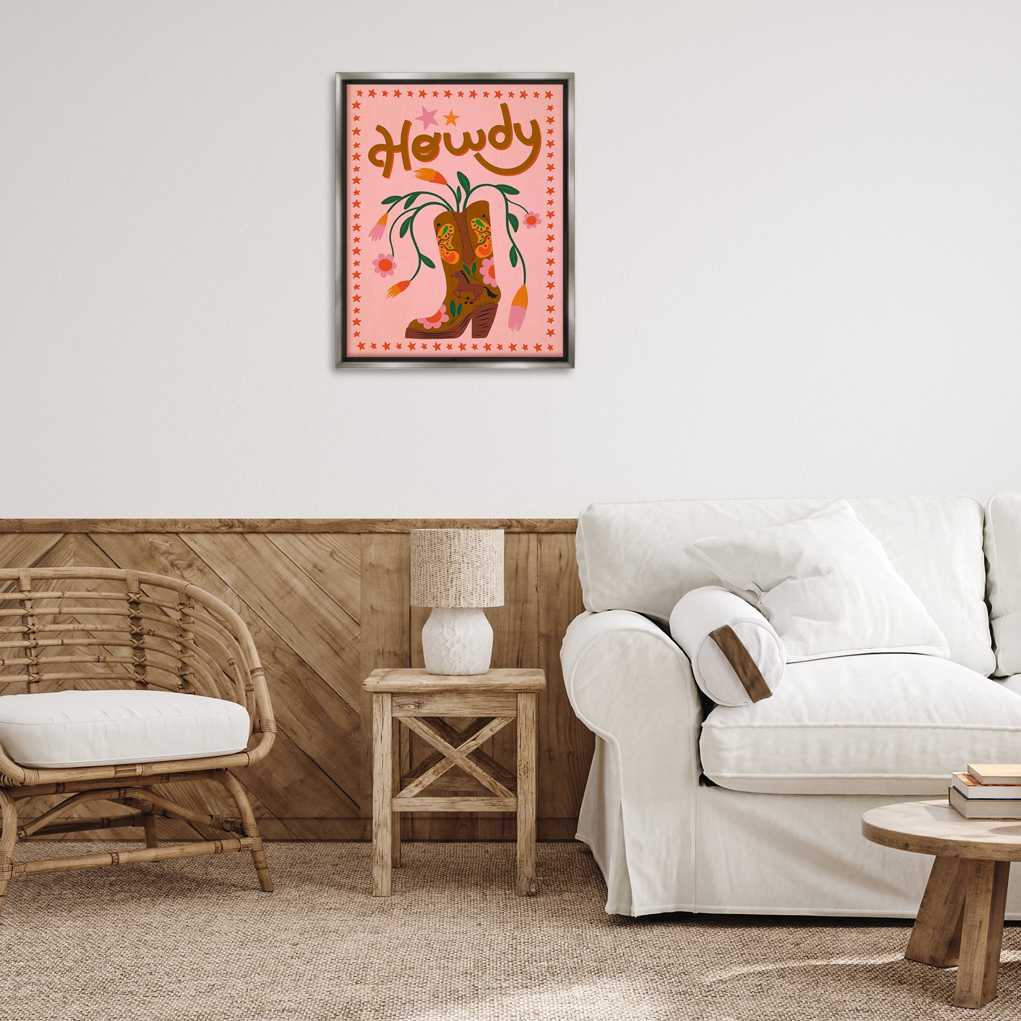 Stupell Industries Howdy Floral Cowgirl Boots Entertainment Painting Gray Floater Framed Canvas Art Print Wall Art, 25 x 31
