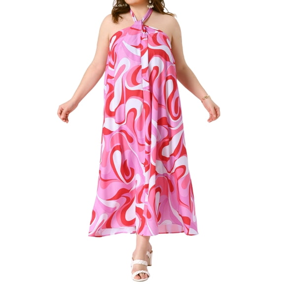 DARING DIVA Plus Size Long Maxi Halter Sleeveless Boho Dress 1X Red Pink