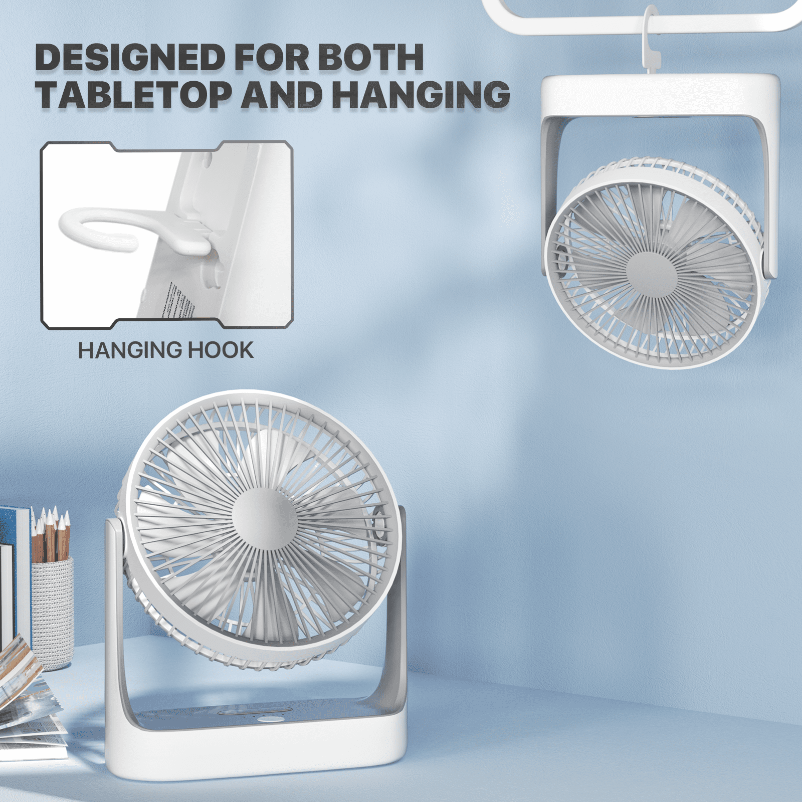 mollie USB Rechargeable Desktop Fan, Wall Mounted Hanging Fan with LED Light and Hook, Speed Adjustable Air Cooler Fan For Home Bedroom, White