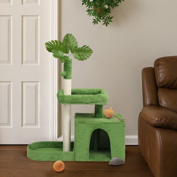 36in Cat Tree with Leaves, Multi-level Cat Tower with Cat Scratching Post, Cozy Cat Condo, Padded Beds, Dangling Ball for Kittens and Indoor Cats, Green
