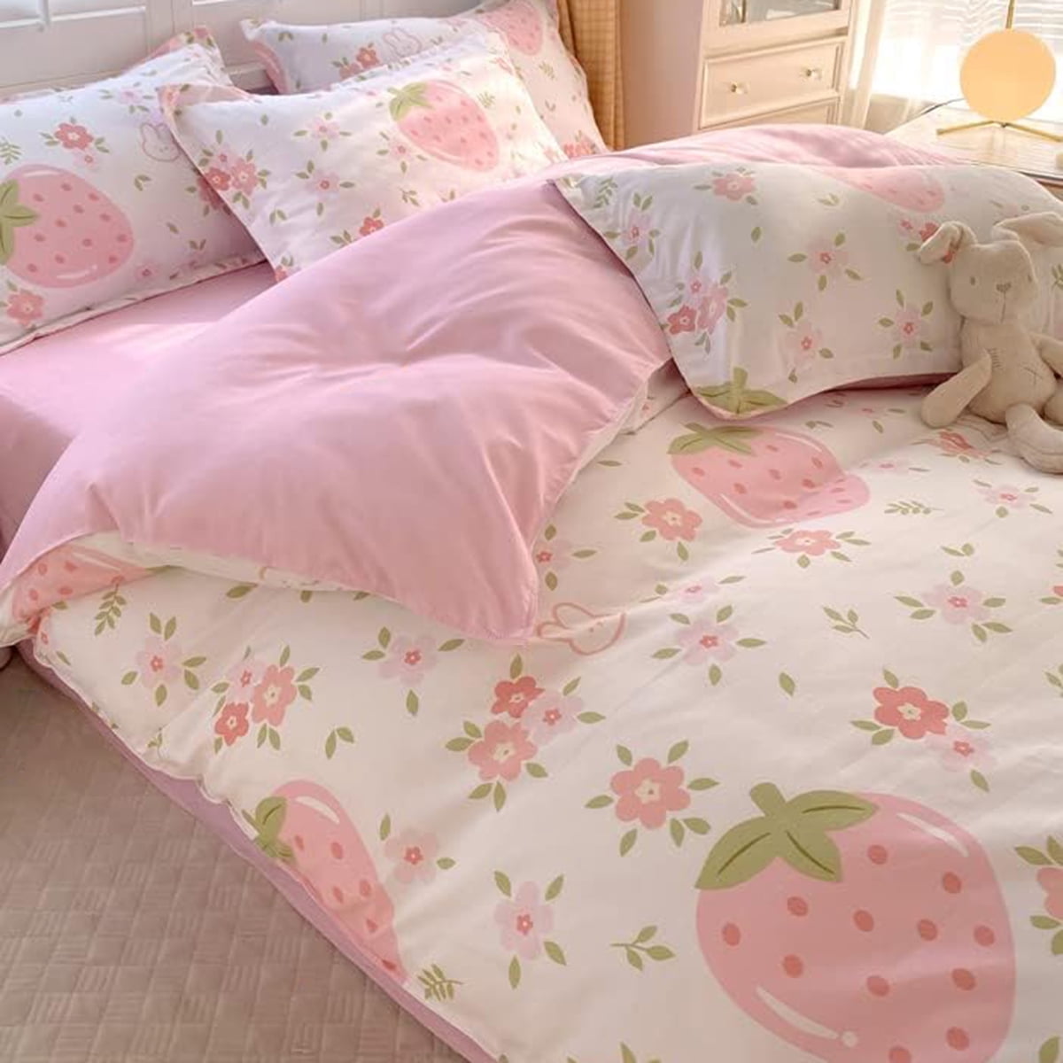 BlessLiving 3Pcs Duvet Cover Set King Size, Pink Strawberry Bedding Set for Kids Girls