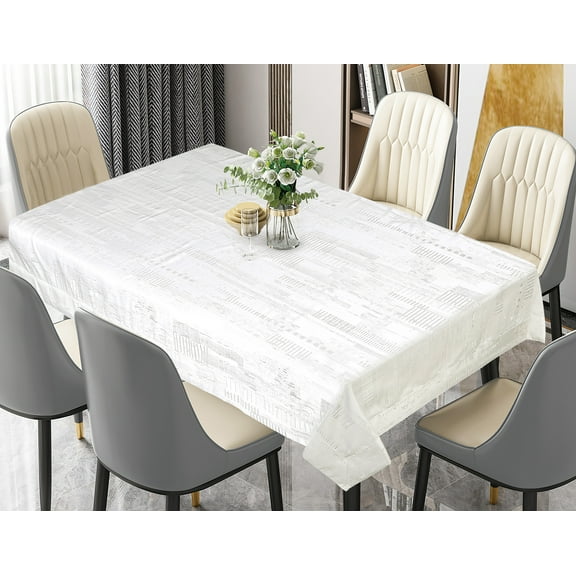 Violet Linen Glory Modern Abstract Border Pattern, Polyester, Heavyweight Engineered Luxurious Damask Upscale Jacquard Fabric, White , 60 Inch by 84 Inch, Seats 6 to 8 people, Rectangular Tablecloths