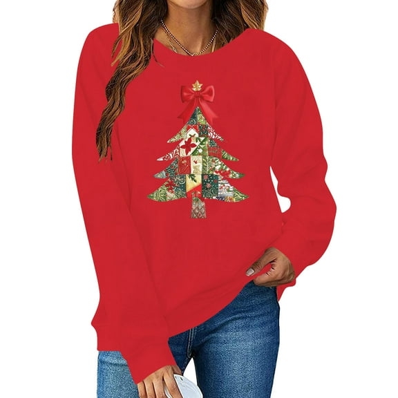 Guzom Womens Red Christmas Tree Patchwork Sweatshirt - 100% Polyester Long Sleeve Crew Neck, with Bow & Star, Relaxed Fit (XS-XL),Size XL