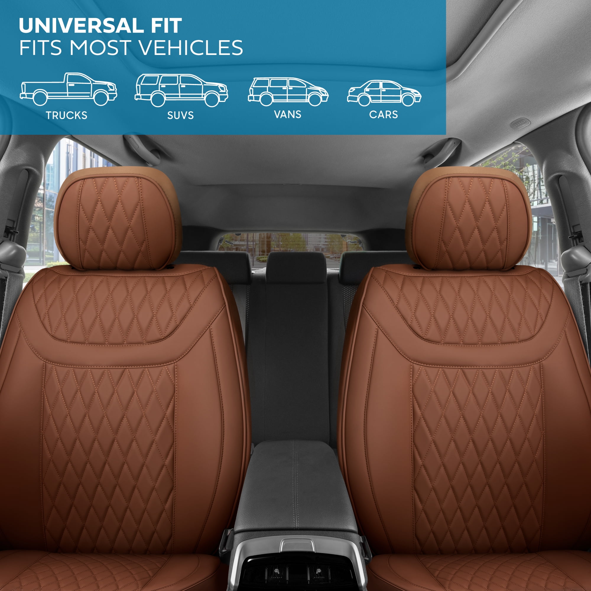 MotorBox Car Seat Covers - Ranch Leatherette Faux Leather Brown Seat Covers for Car - Diamond Stitched Cushioned Interior Protectors for Automotive Accessories, Trucks, SUV, Cars - Two Front Covers