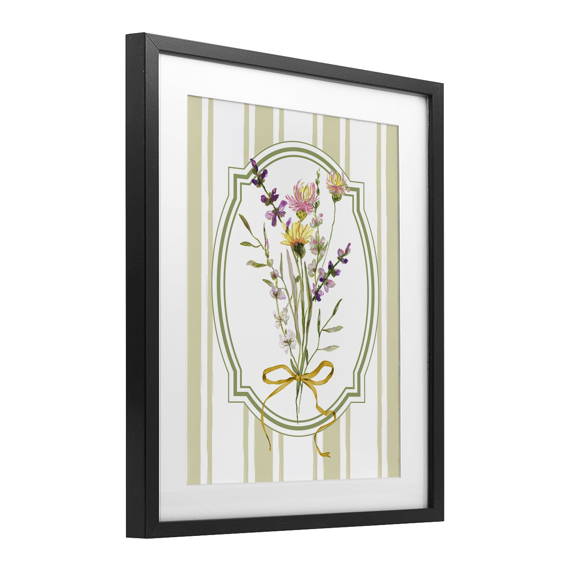 Wildflowers Bouquet Classic Stripes Black Framed Print Under Glass, design by Adonna Ebrahimi
