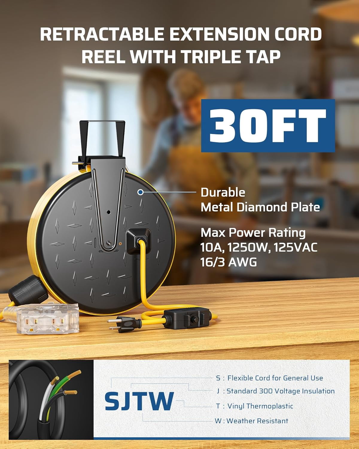 30 Ft Retractable Extension Cord Reel, Ceiling/Wall Mount 16/3 Gauge SJTW Power Cord with 6 Grounded Outlets, Twist-Lock Stopper, 10 Amp Circuit Breaker, Metal Covering, UL Listed